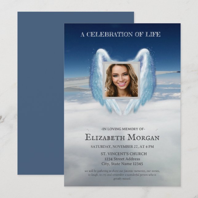 Angel Wings Sky Photo Celebration Of Life Invitation (Front/Back)