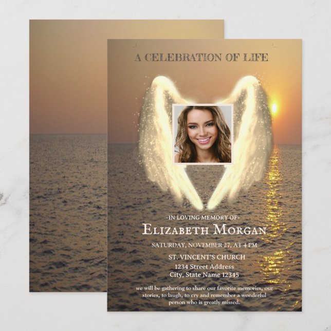 Angel Wings  Sunset Photo Celebration Of Life Invitation (Front/Back)
