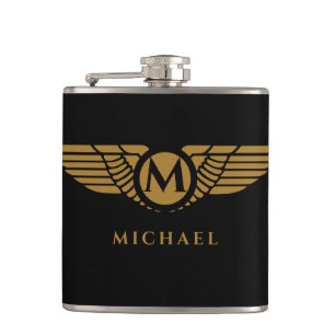 Angel wings vintage golden name initial monogram hip flask