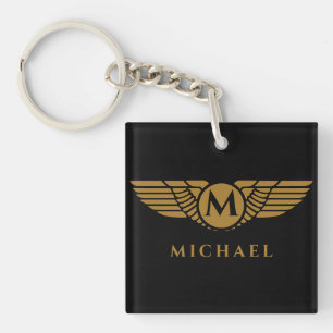 Angel wings vintage golden name initial monogram  key ring