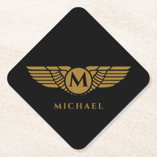 Angel wings vintage golden name initial monogram paper coaster