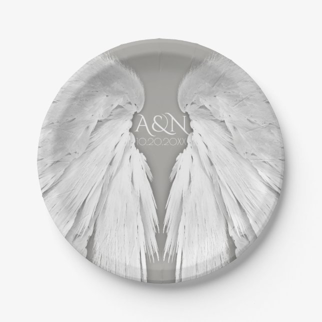 ANGEL WINGS Wedding Couple Initials Elegant Grey Paper Plate (Front)