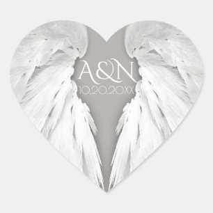 ANGEL WINGS Wedding Initials Elegant Grey Heart Sticker