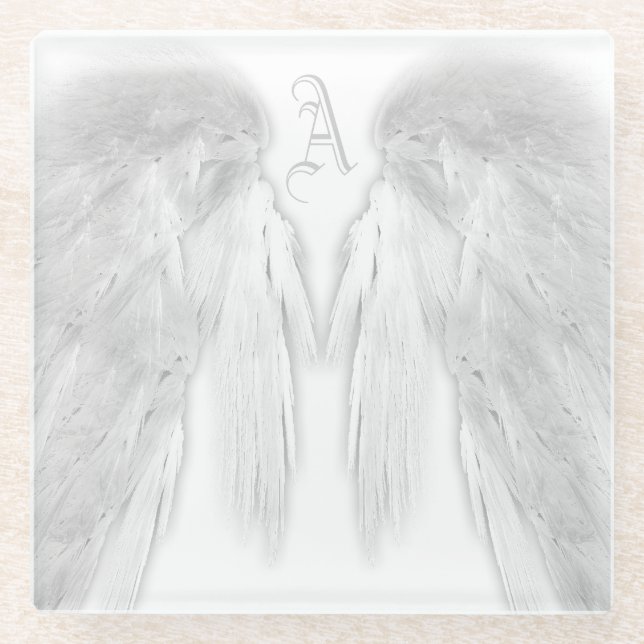 ANGEL WINGS White Custom Monogram Glass Coaster (Front)