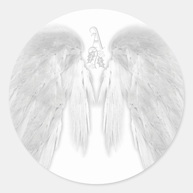 ANGEL WINGS White Heavenly Holly Monogram Classic Round Sticker (Front)