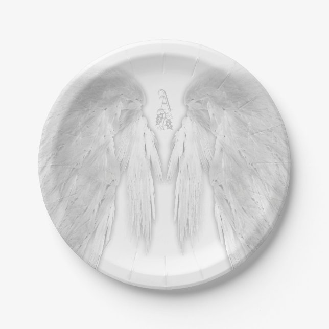 ANGEL WINGS White Heavenly Holly Monogram Paper Plate (Front)