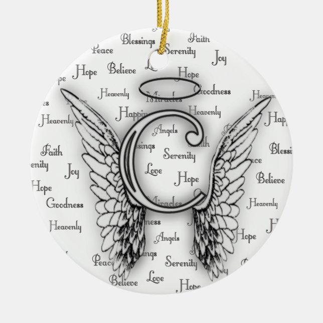 Angel Wings with Positive Words Monogram C Ceramic Tree Decoration (Front)