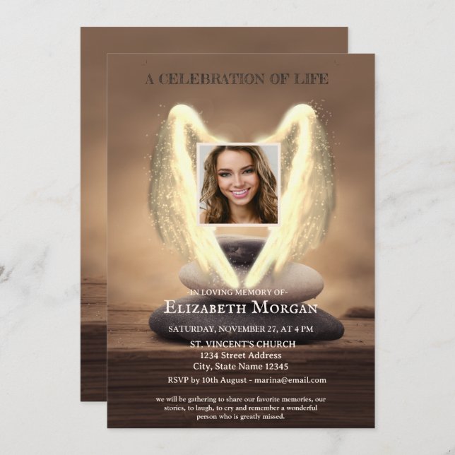 Angel Wings Zen Stones Photo Celebration Of Life Invitation (Front/Back)