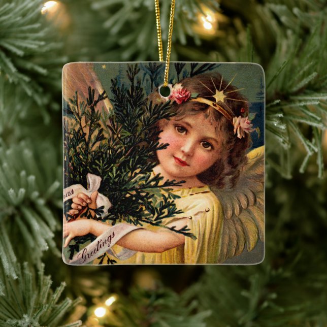 Angel with an Armful of Christmas Greenery Ceramic Ornament (Tree)