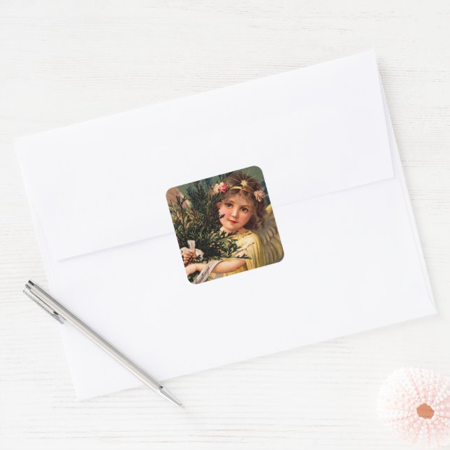 Angel with an Armful of Christmas Greenery Square Sticker (Envelope)
