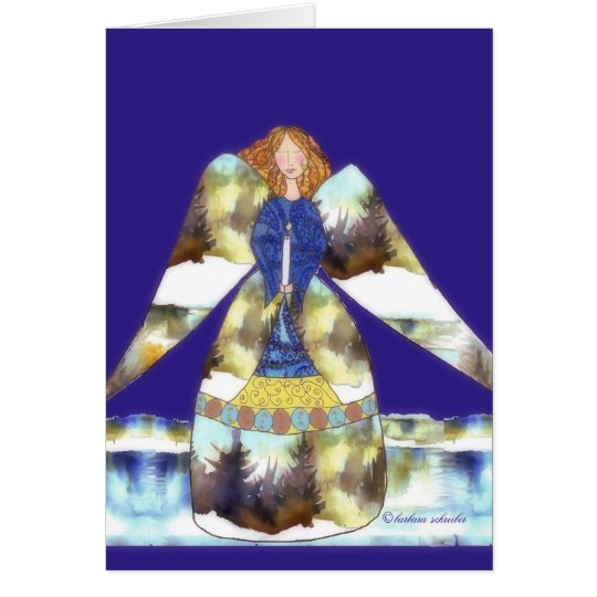angel with candle, blue blackground card