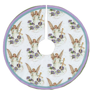 Angel With Cross And Clematis Flowers  Brushed Polyester Tree Skirt