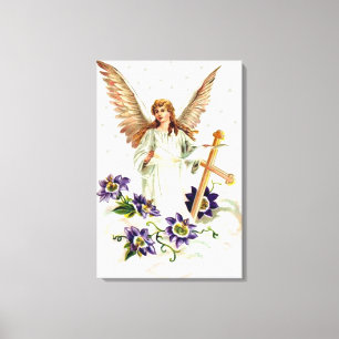 Angel With Cross And Clematis Flowers Canvas Print