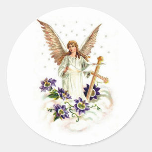 Angel With Cross And Clematis Flowers Classic Round Sticker