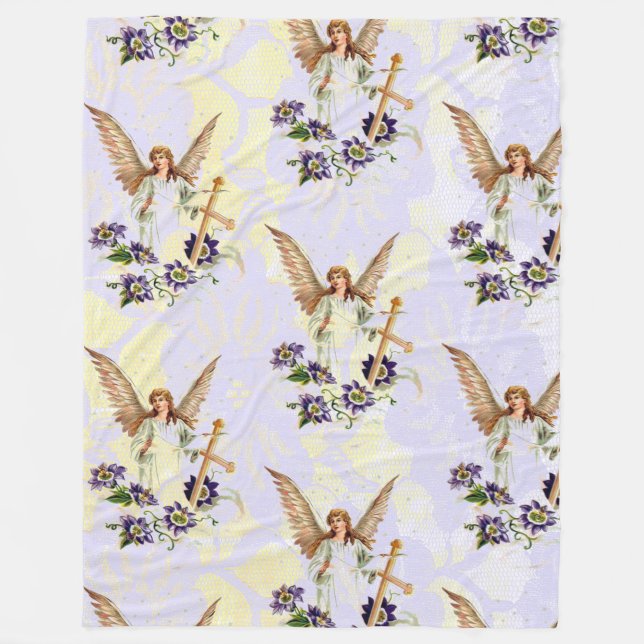 Angel With Cross And Clematis Flowers Fleece Blanket (Front)