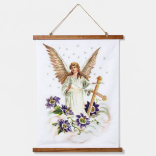 Angel With Cross And Clematis Flowers Hanging Tapestry