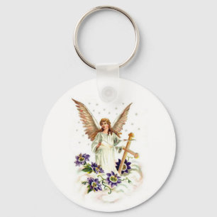 Angel With Cross And Clematis Flowers Key Ring
