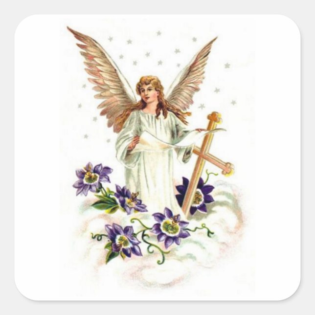 Angel With Cross And Clematis Flowers Square Sticker (Front)