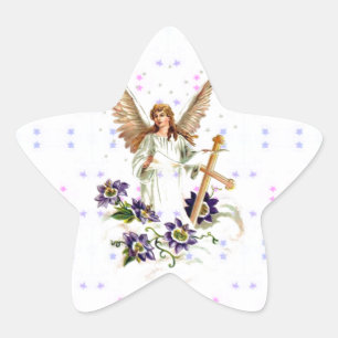 Angel With Cross And Clematis Flowers Star Sticker