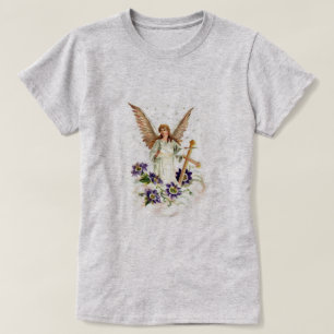 Angel With Cross And Clematis Flowers T-Shirt
