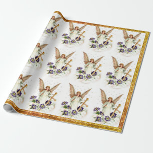 Angel With Cross And Clematis Flowers Wrapping Paper