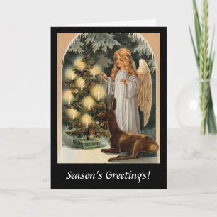 Angel with Deer and Christmas Tree Candles Holiday Card