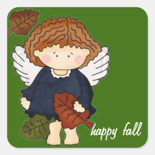 Angel with Falling Leaves Happy Fall Square Sticker