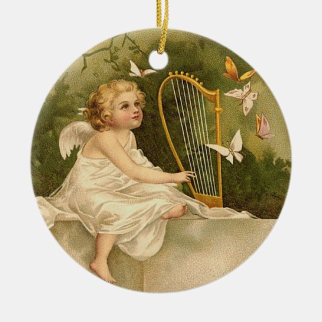 Angel with Harp and Butterflies Ceramic Tree Decoration (Front)