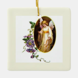 Angel With Harp And Clematis Flowers Ceramic Ornament