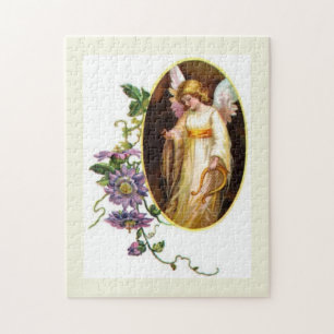 Angel With Harp And Clematis Flowers Jigsaw Puzzle