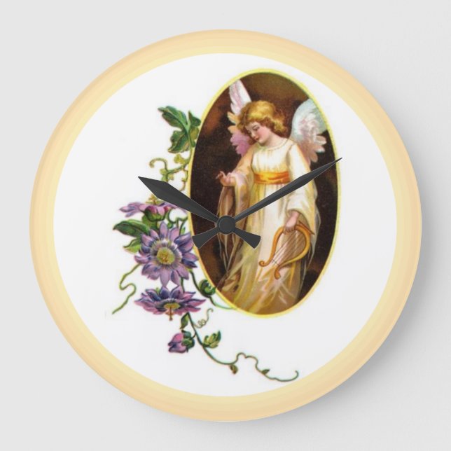 Angel With Harp And Clematis Flowers Large Clock (Front)