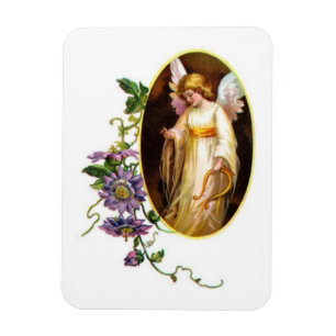 Angel With Harp And Clematis Flowers Magnet