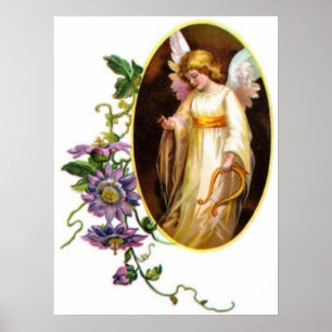 Angel With Harp And Clematis Flowers Poster