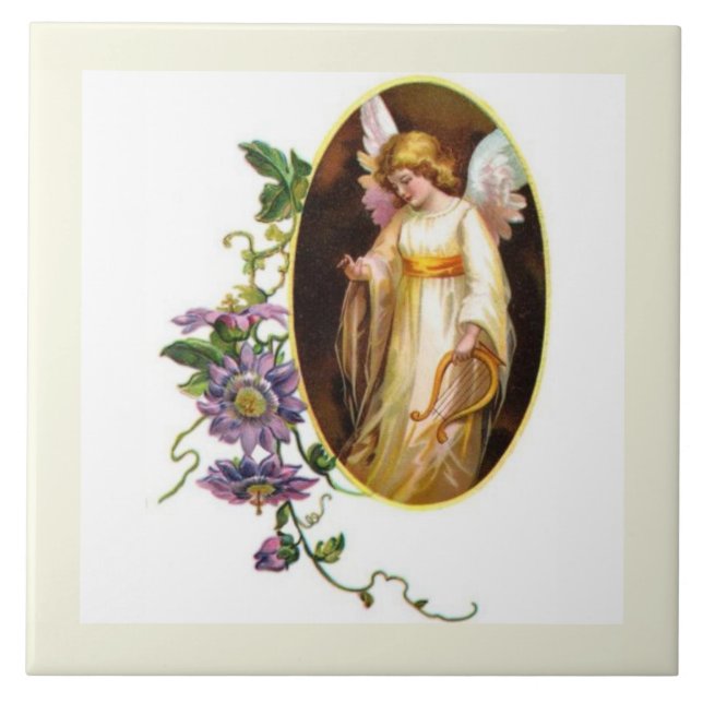 Angel With Harp And Clematis Flowers Tile (Front)