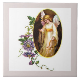 Angel With Harp And Clematis Flowers Tile