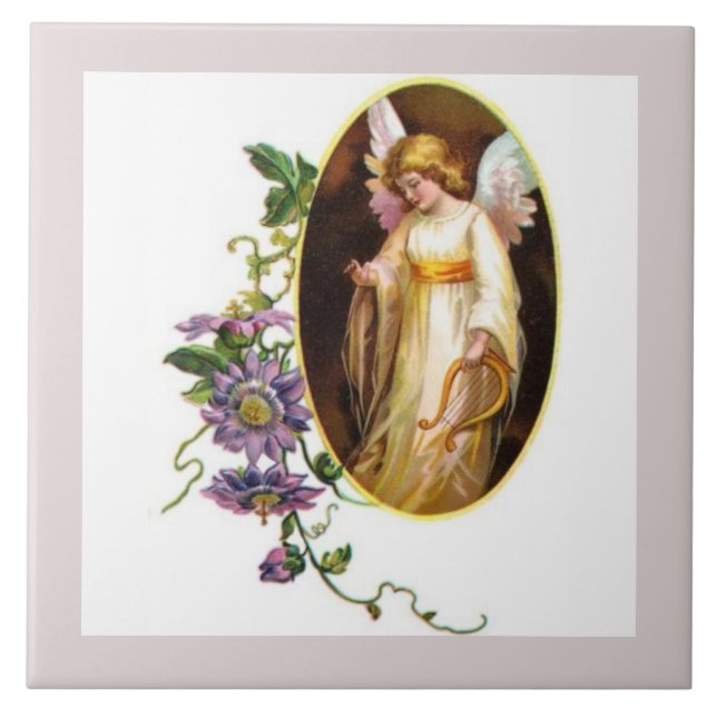 Angel With Harp And Clematis Flowers Tile (Front)