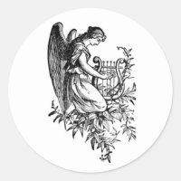 Angel With Harp And Flora Classic Round Sticker