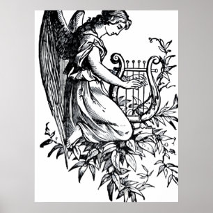Angel With Harp And Flora Poster