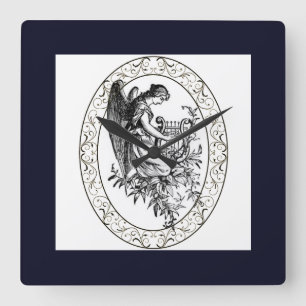 Angel With Harp And Flora Square Wall Clock