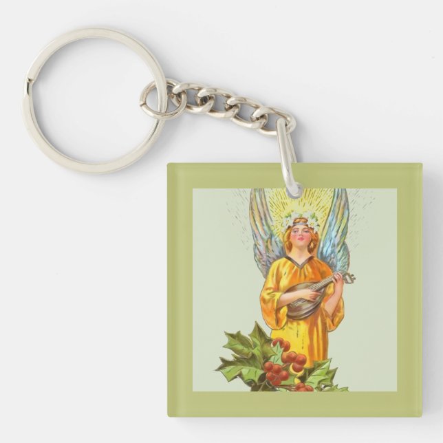 Angel With Holly And Mandolin  Key Ring (Front)