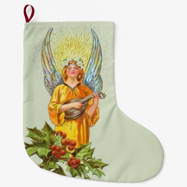Angel With Holly And Mandolin  Large Christmas Stocking (Front)