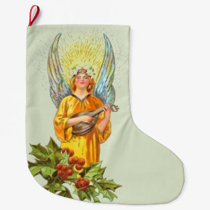 Angel With Holly And Mandolin  Large Christmas Stocking