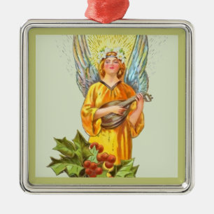 Angel With Holly And Mandolin Metal Tree Decoration