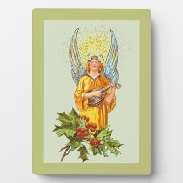 Angel With Holly And Mandolin  Plaque (Front)