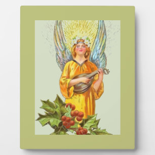 Angel With Holly And Mandolin Plaque