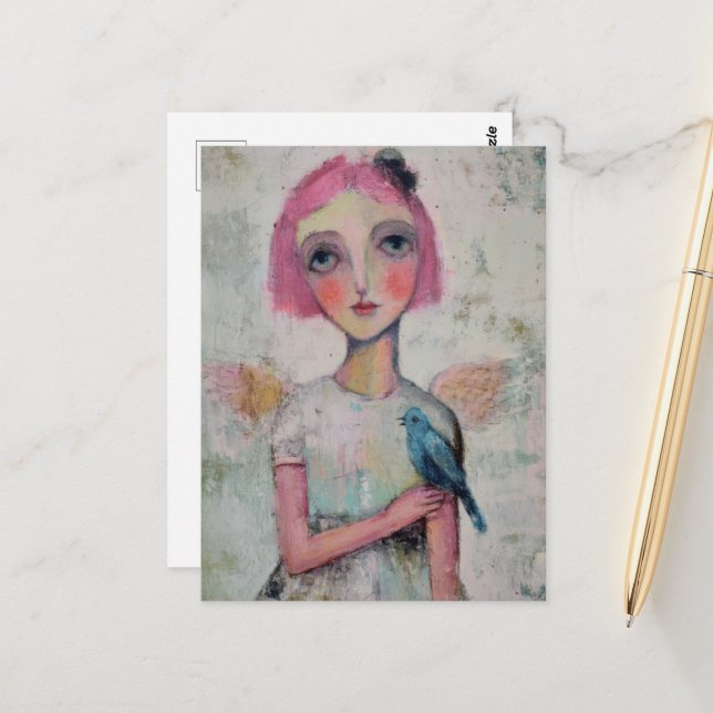 Angel with pink hair and a blue bird postcard (Front/Back In Situ)