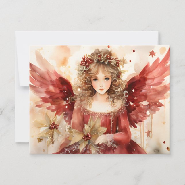 Angel with Red Wings Christmas Holiday Card (Front)