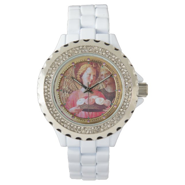 ANGEL WITH ROSES AND ARCHANGEL GABRIEL  Pink Gems Watch (Front)