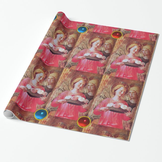 ANGEL WITH ROSES AND  RED BLUE GEMSTONES WRAPPING PAPER (Unrolled)