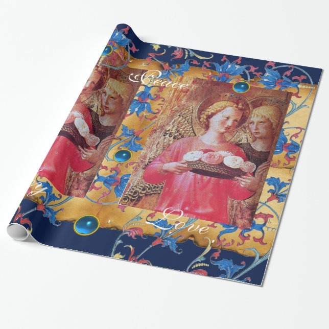 ANGEL WITH ROSES ,BLUE FLORAL CHRISTMAS PARCHMENT WRAPPING PAPER (Unrolled)